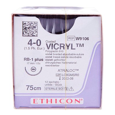 Шовный материал Викрил (Vicryl) 4-0, 75см, фиолет. кол.17 мм. 1/2 W9106/ Ethicon/ 12