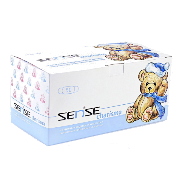 Маска медицинская трехслойная SENSE с рисунком Мишки, 50 шт./уп. коробка